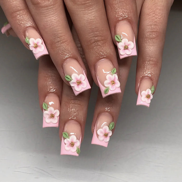 Pink Floral French Tip Press On Nail Set With 3D Flowers and Gold-Toned Centers