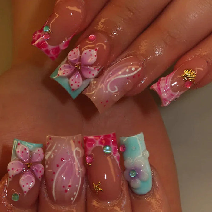 Pink Floral French Tip Press On Nails With 3D Flowers, Gems and Gold Shell Charms