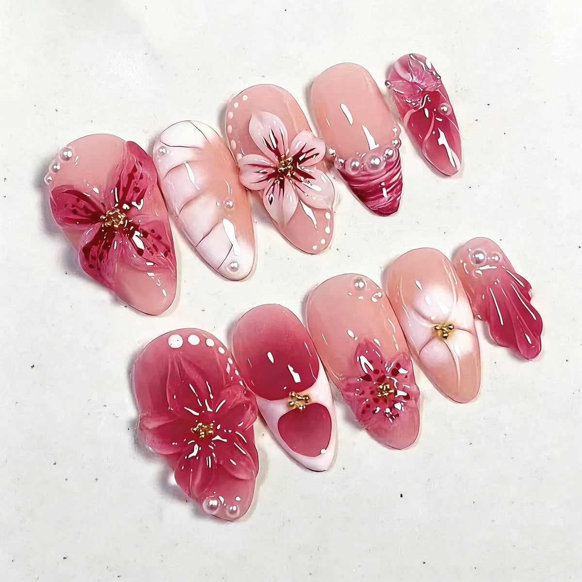 Pink Floral French Tip Nails with 3D Flowers, Pearls and Rhinestones