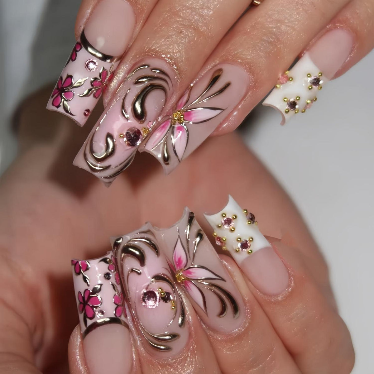 Pink Floral French Tip Nails with Raised Silver Chrome Swirls and Rhinestones