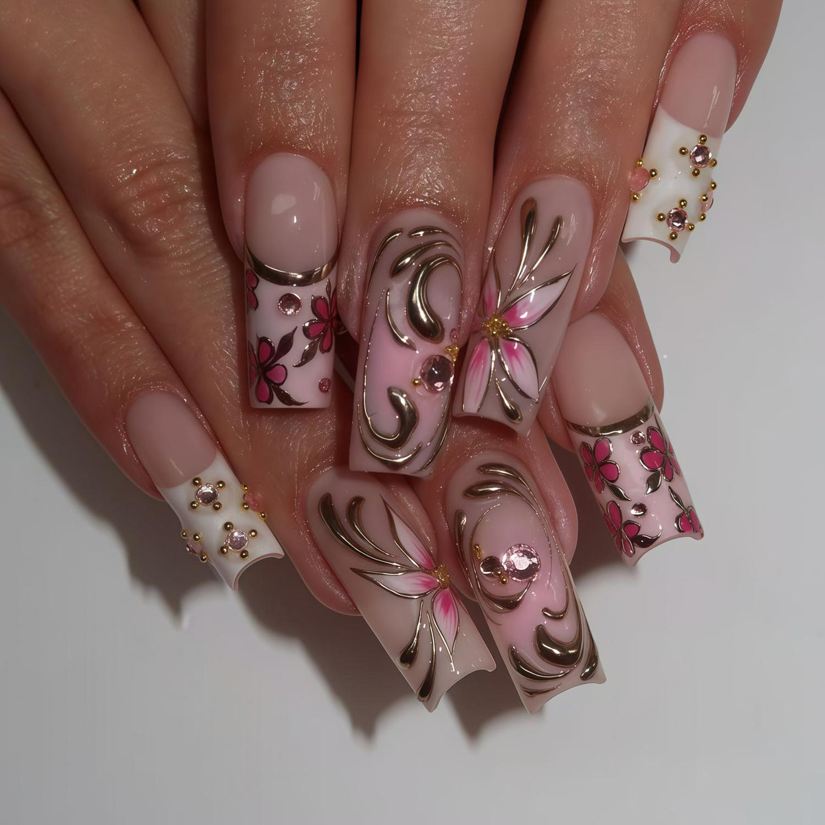 Pink Floral French Tip Nails with Raised Silver Chrome Swirls and Rhinestones