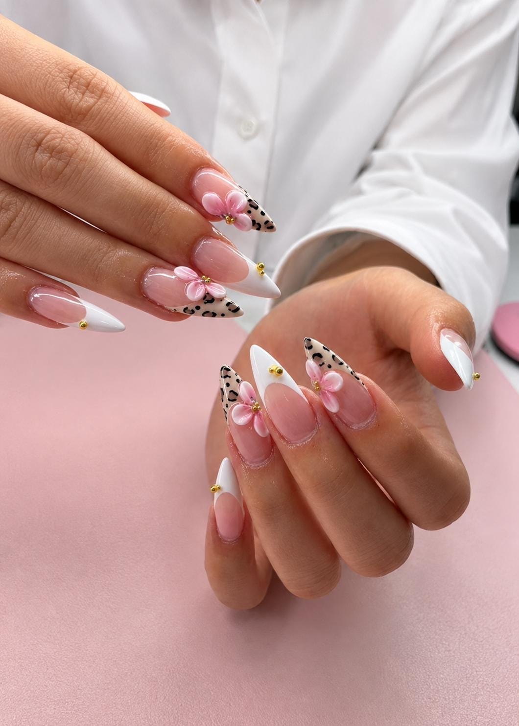 Pink Floral Leopard French Tip Nail Set