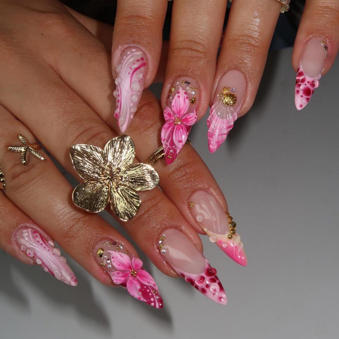Pink Floral Mermaid Summer Press On Nails With 3D Swirls and Gold Accents
