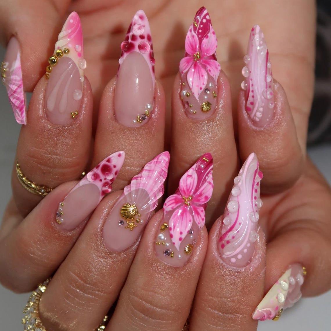 Pink Floral Mermaid Summer Press On Nails With 3D Swirls and Gold Accents