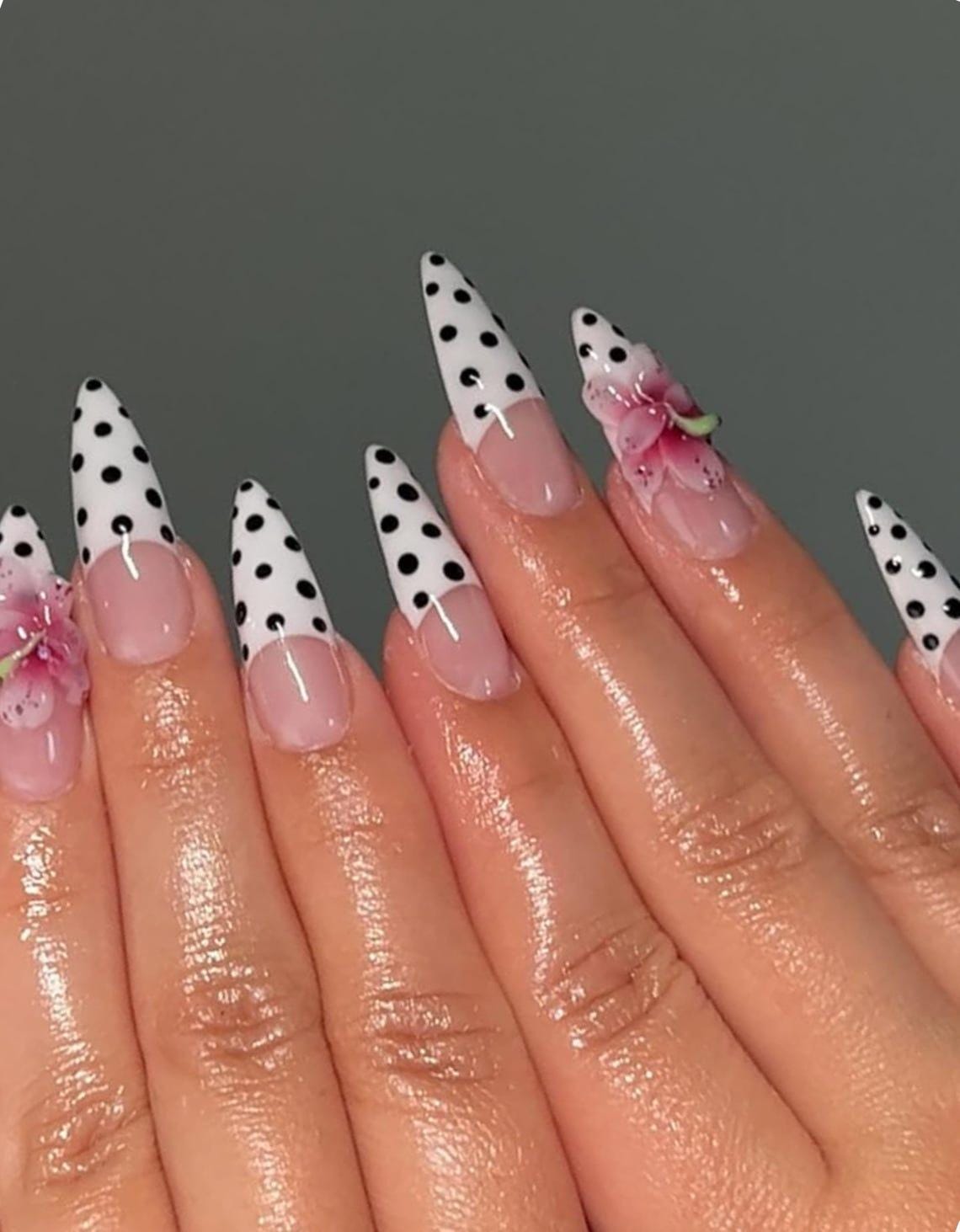 Pink Floral Polka Dot French Tip Press On Nails