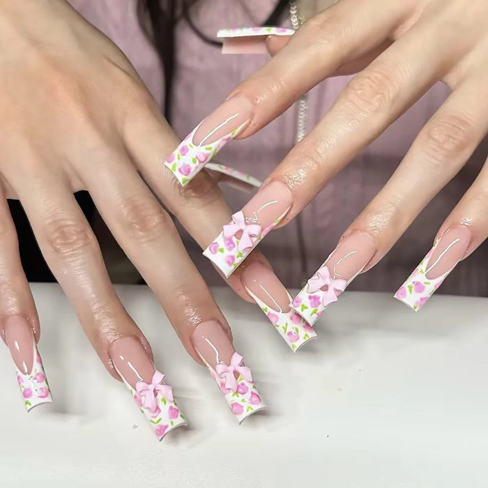 Pink Floral Press On Nails with Bows, Hearts and Rhinestone Details