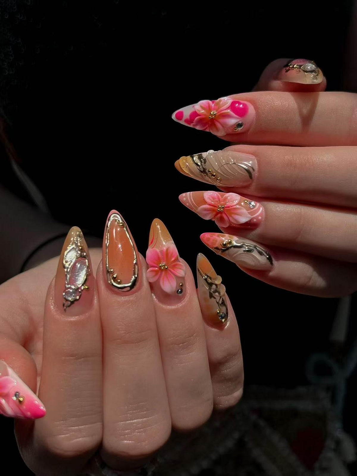 Pink Floral Press-On Nails with Gold Details, 3D Flowers and Rhinestone Charms