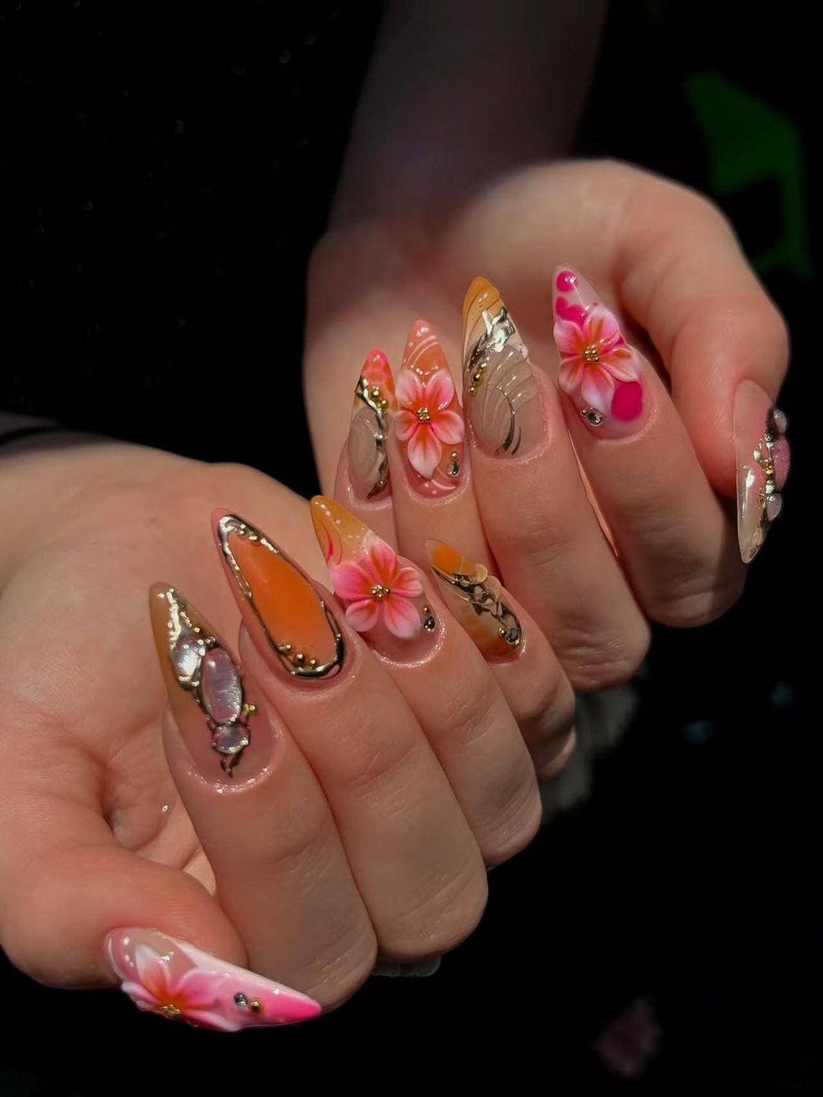 Pink Floral Press-On Nails with Gold Details, 3D Flowers and Rhinestone Charms