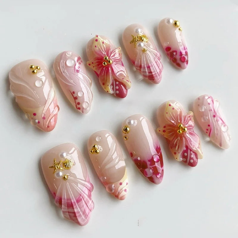 Pink Floral Press On Nails with Gold Details and Raised Seashells