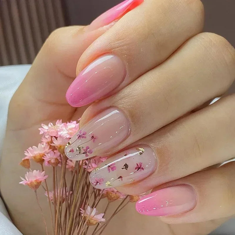 Pink Floral Press On Nails with Gold Foil and Ombré Details