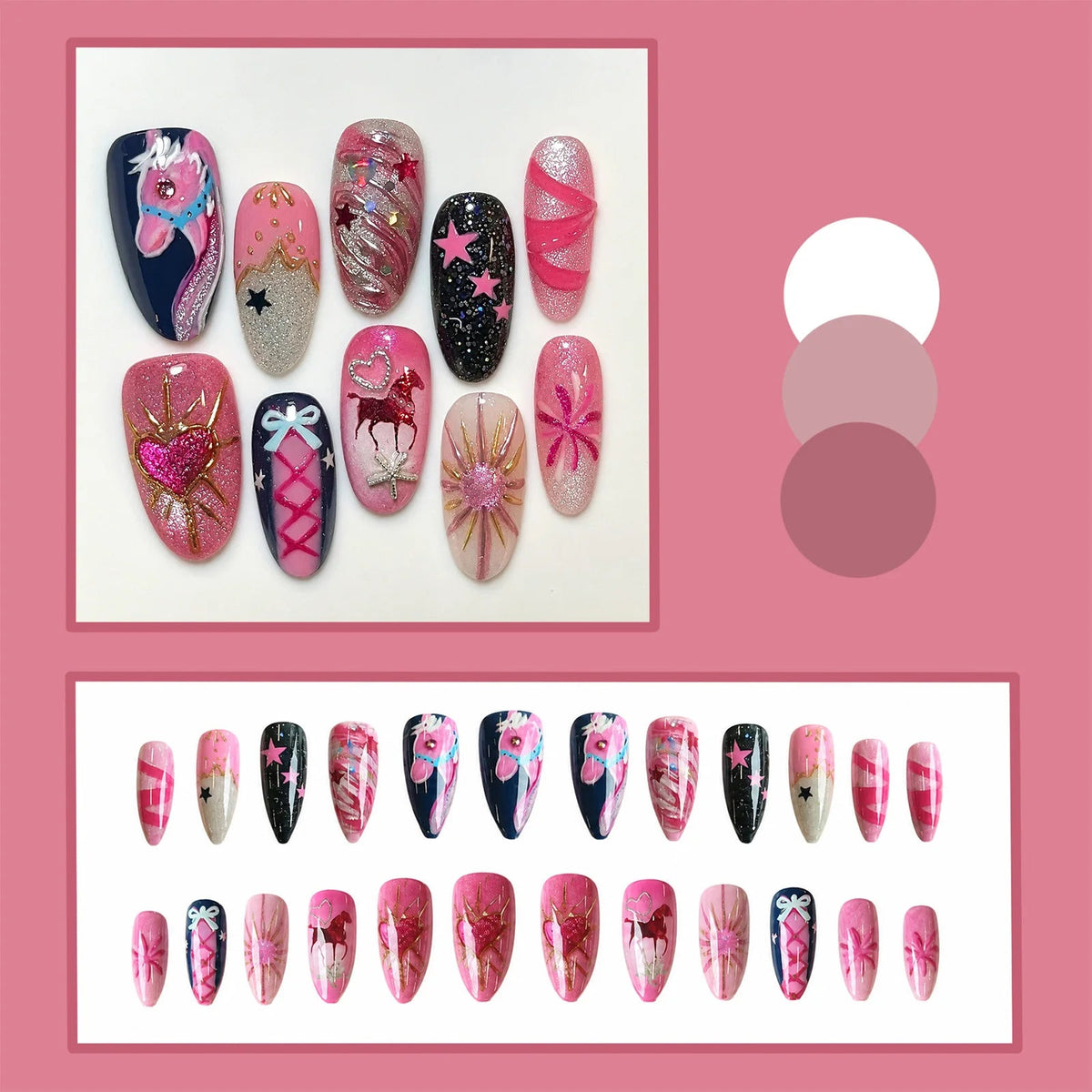 Pink Floral Press On Nails With Navy, Gold Glitter, Bows, and 3D Hearts