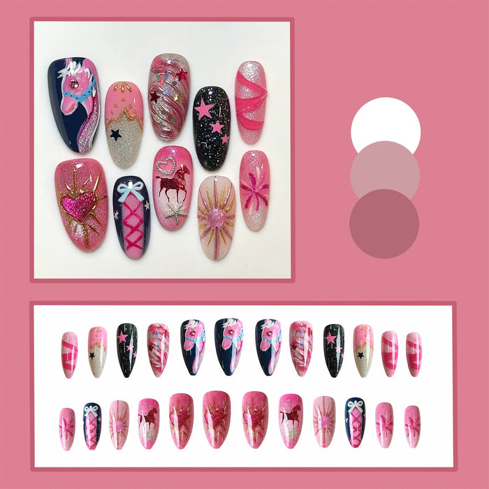 Pink Floral Press On Nails With Navy, Gold Glitter, Bows, and 3D Hearts