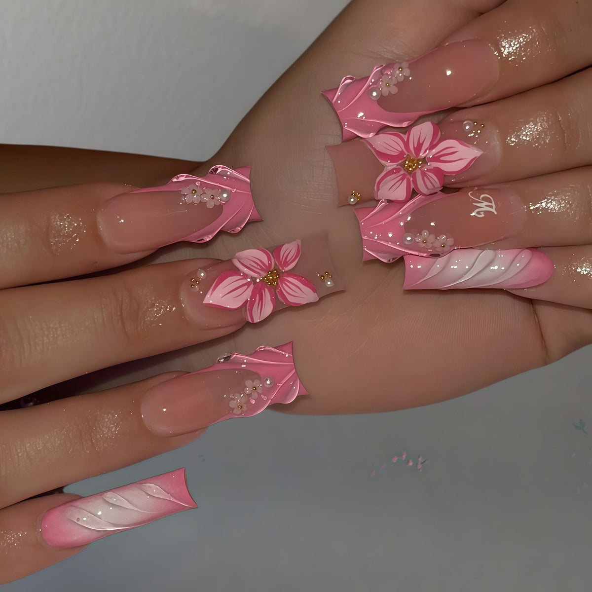Pink Floral Press On Nails with White Swirls, Sculpted Ribbon Details and Pearl Accents