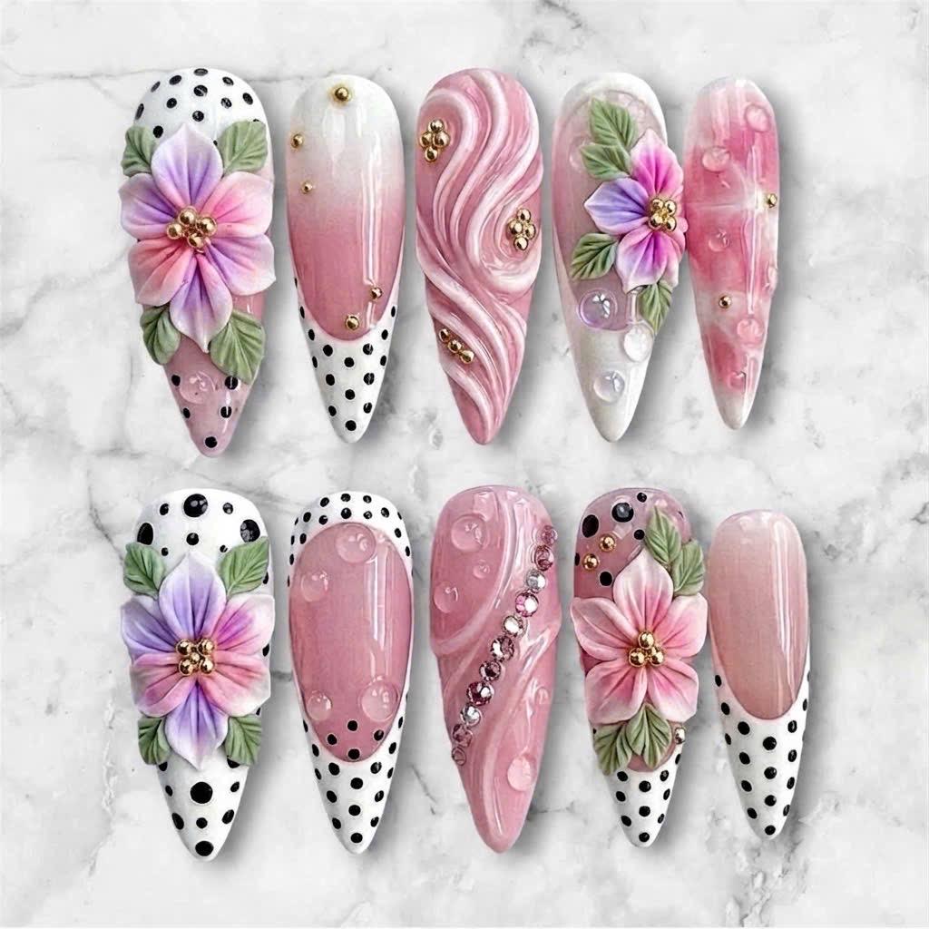 Pink Floral Spring Press On Nails with Black Polka Dots, Swirls, and Rhinestones