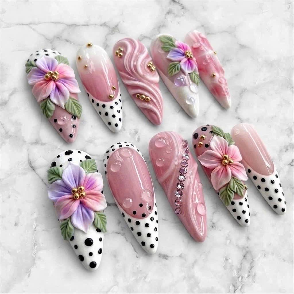Pink Floral Spring Press On Nails with Black Polka Dots, Swirls, and Rhinestones