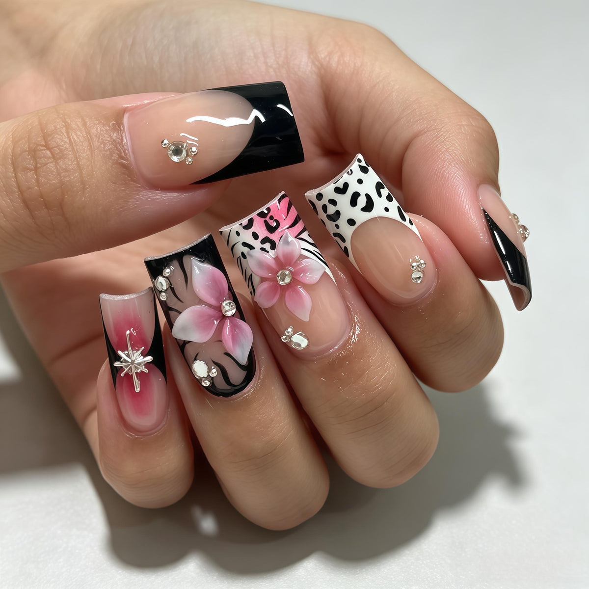 Pink Flower and Leopard Print Press-On Nail Set with Rhinestones