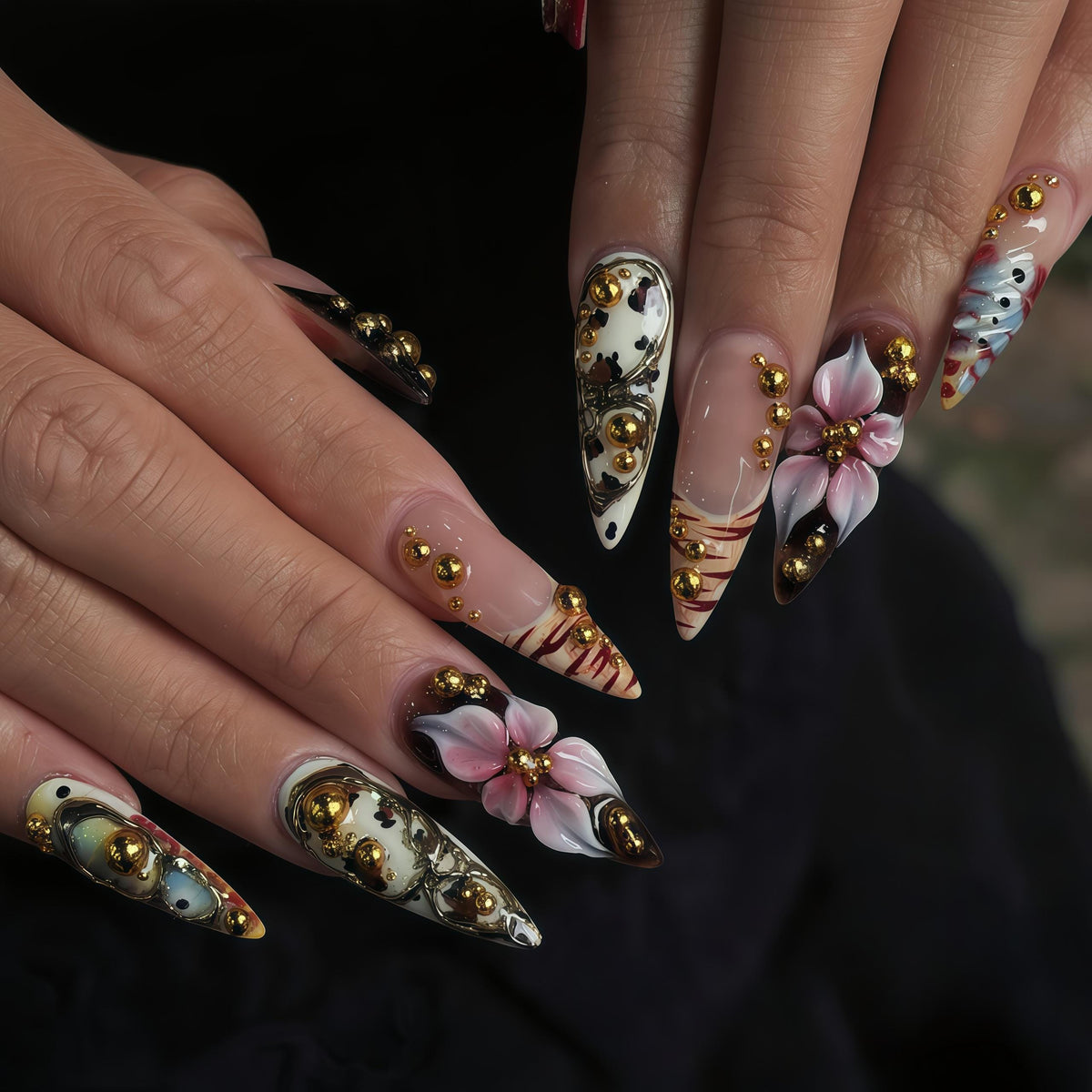 Pink Flower and Marble Press-On Nails with Gold Beads and Metallic Rings