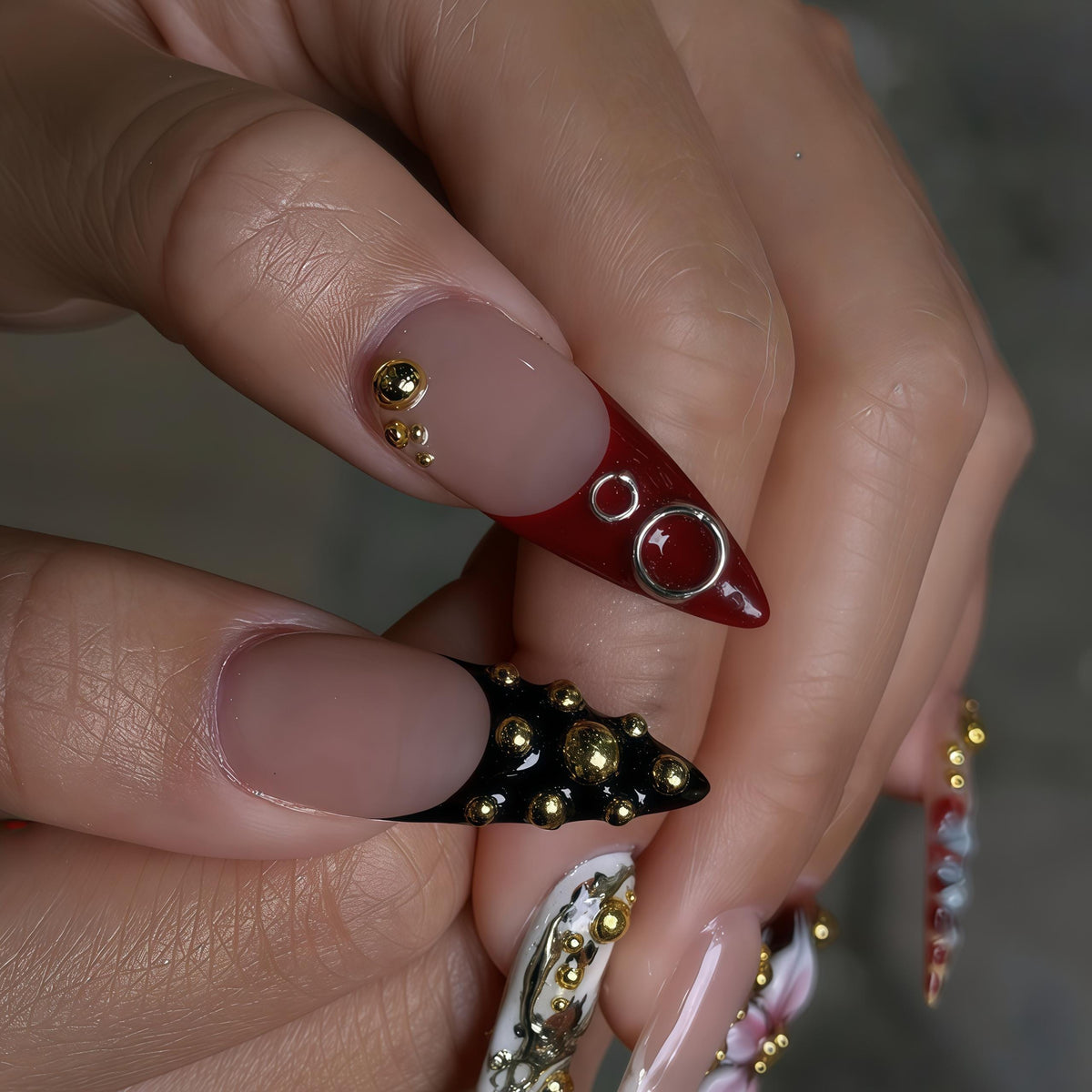 Pink Flower and Marble Press-On Nails with Gold Beads and Metallic Rings