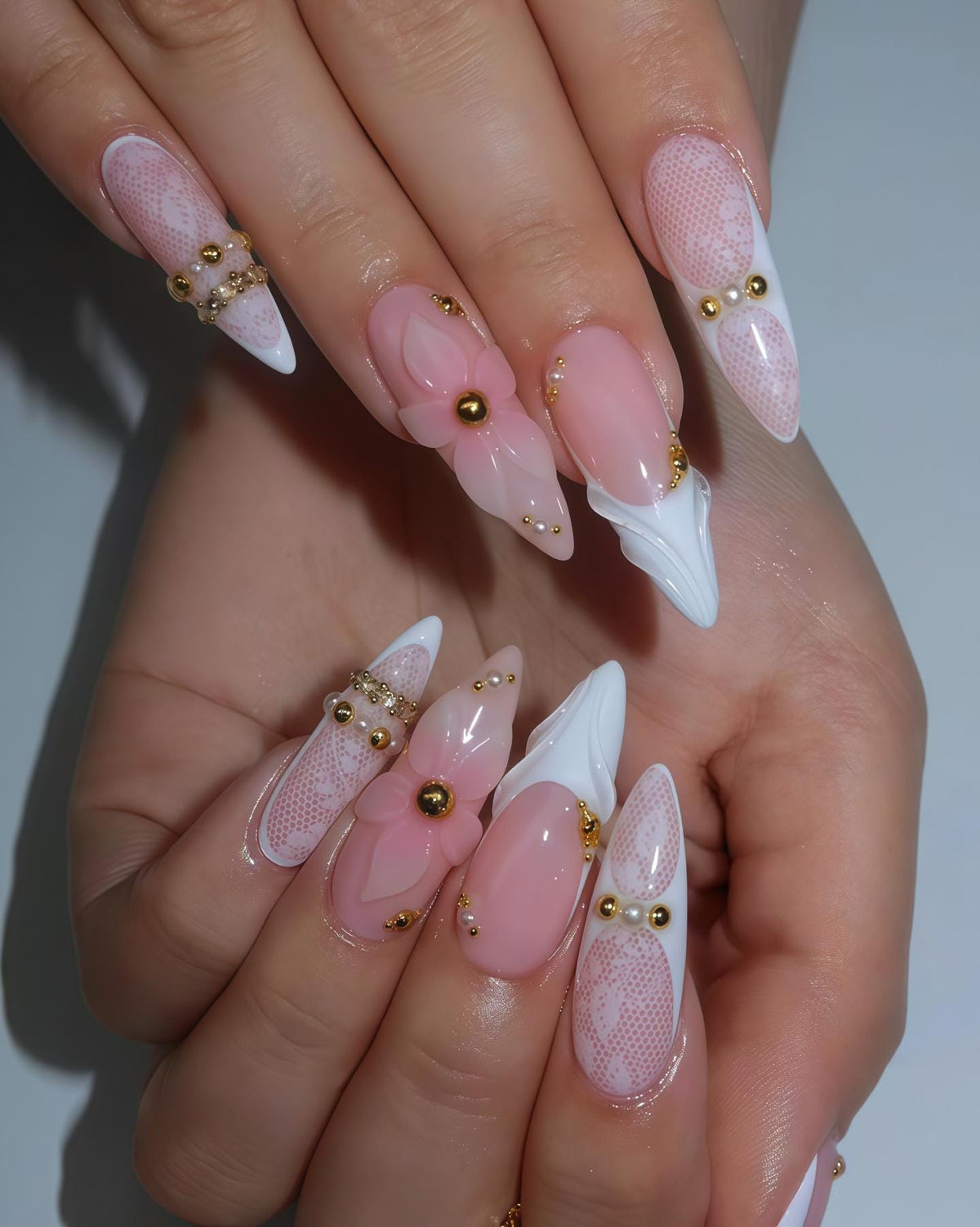 Pink Flower French Tip Nail Set with Gold Beads and Sheer Details