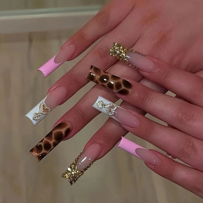 Pink French Tip Leopard Print Press-On Nails with Gold-Toned Rhinestone Accents