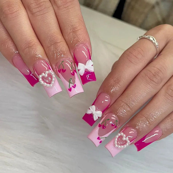 Pink French Tip Press On Nails with 3D Bows, Heart Charms and Leafy Accents