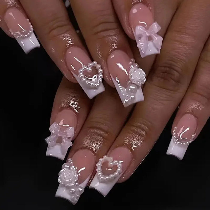 Pink French Tip Press On Nails with 3D Bows, Roses and Pearl Heart Details