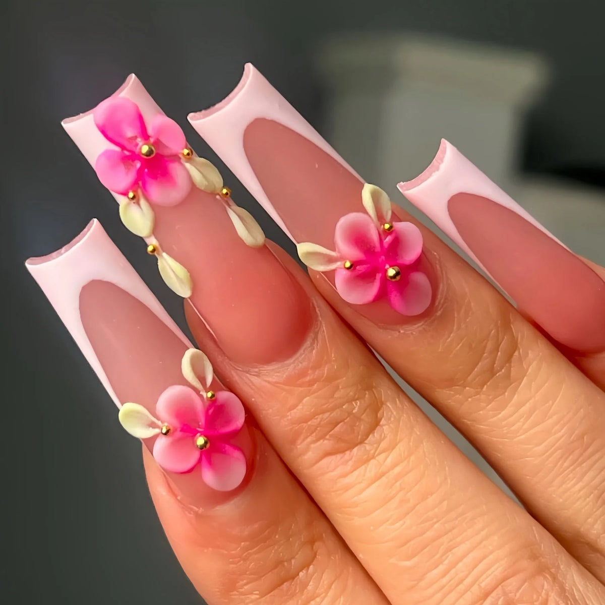 Pink French Tip Nails With 3D Flowers and Gold Bead Details
