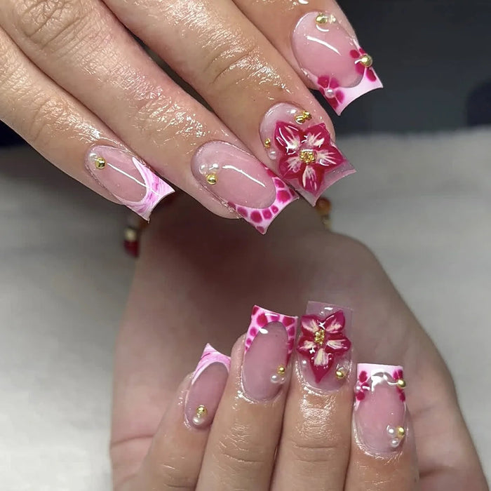 Pink French Tip Press On Nails with Marbled Edges, Raised Flowers and Gold Accents