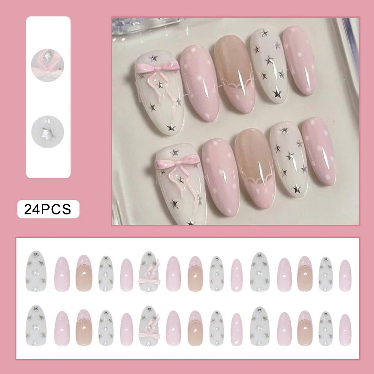 Pink French Tip Nails with Raised Bows and Silver Stars