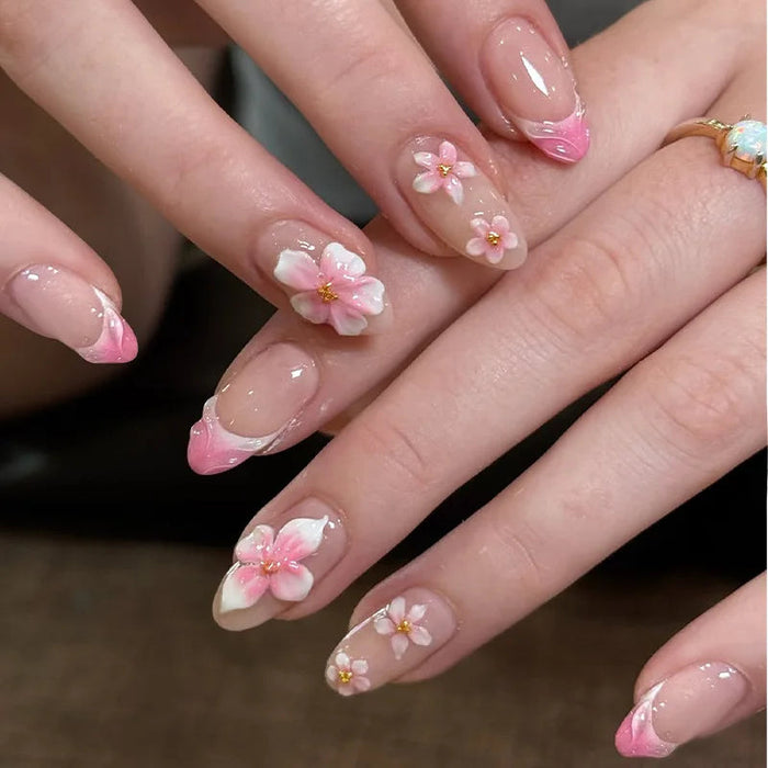 Pink French Tip Press On Nails With Raised Cherry Blossom Flowers