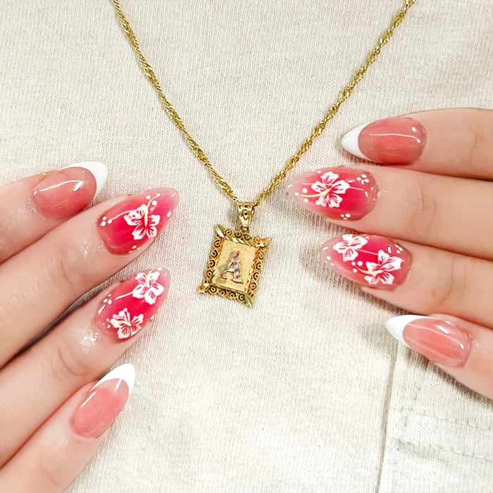 Pink French Tip Press On Nails With Red Hibiscus Floral Accents