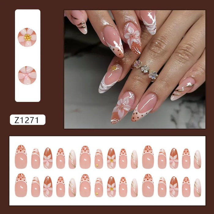 Pink French Tip Press On Nails with White Swirls, Flowers, and Brown Dots