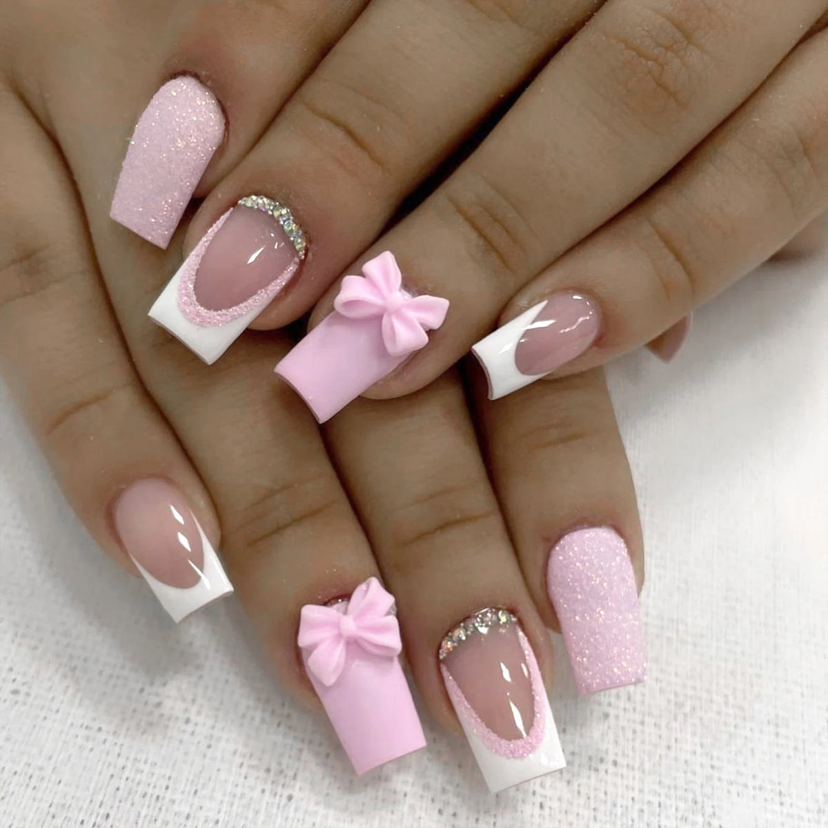 Pink French Tip Press-On Nails with 3D Bows and Glitter