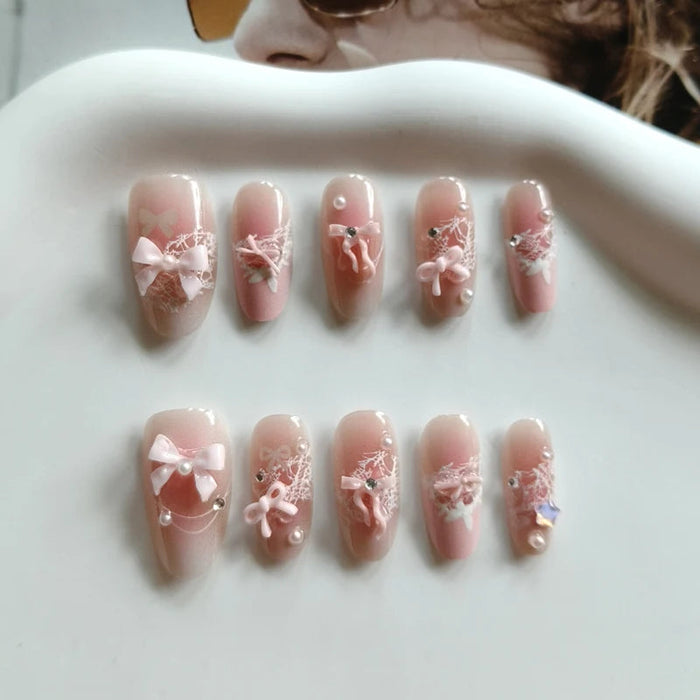 Pink French Tip Press On Nails with 3D Bows, Lace and Pearl Details