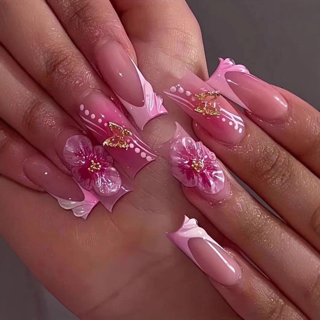 Pink French Tip Press On Nails With 3D Flowers and Gold Accents