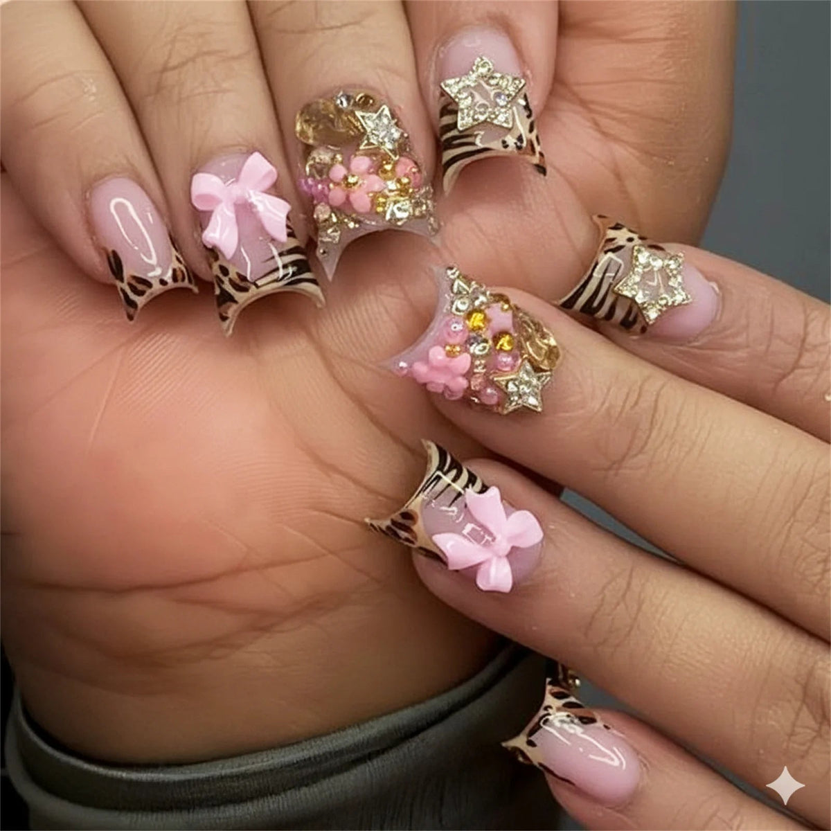 Pink French Tip Press-On Nails with Animal Print, 3D Bows and Gold Charms