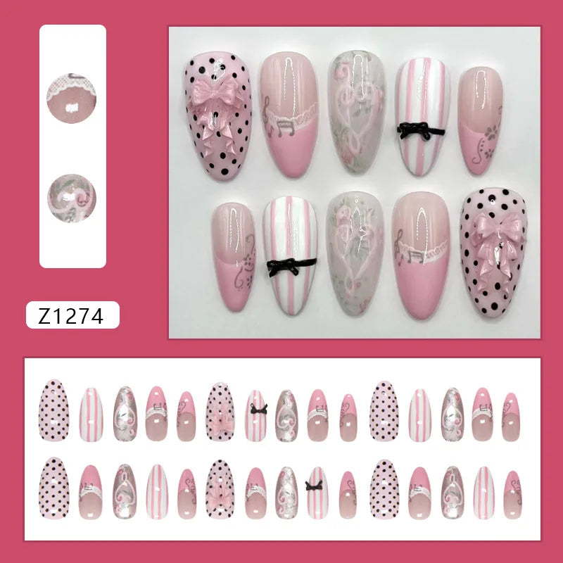 Pink French Tip Press-On Nails with Black Polka Dots and Bow Accents