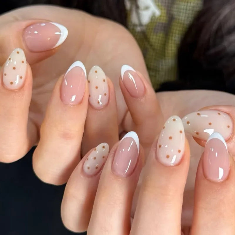 Pink French Tip Press On Nails with Brown Polka Dots