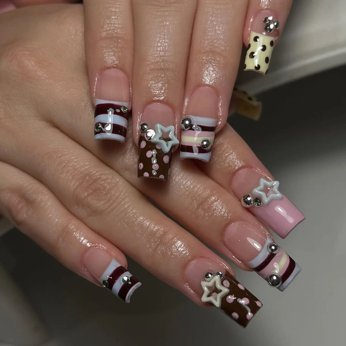 Pink French Tip Press-On Nails With Leopard Spots, Polka Dots and Star Details