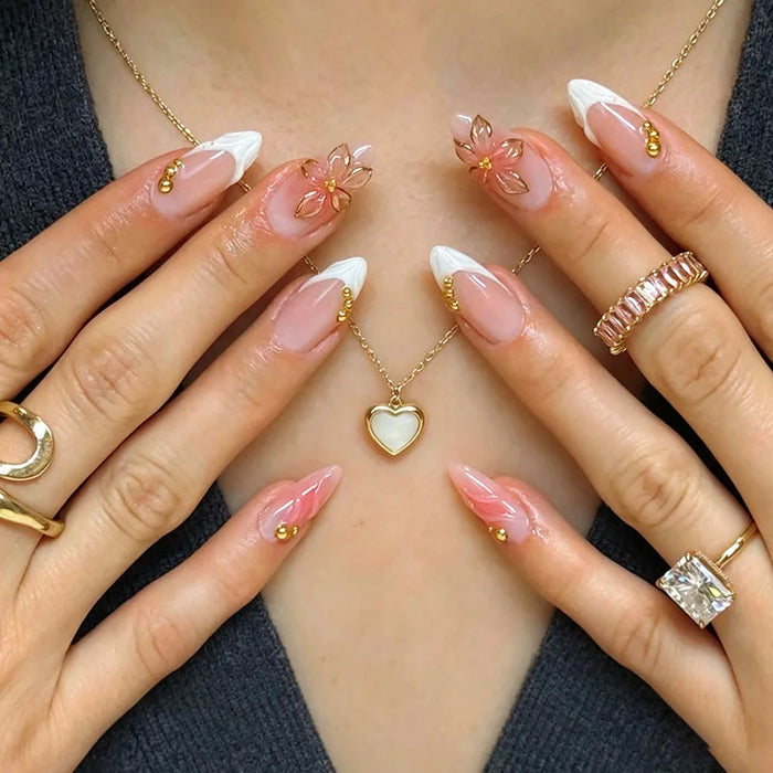 Pink French Tip Press On Nails with Marbled Accents and 3D Flower Charms