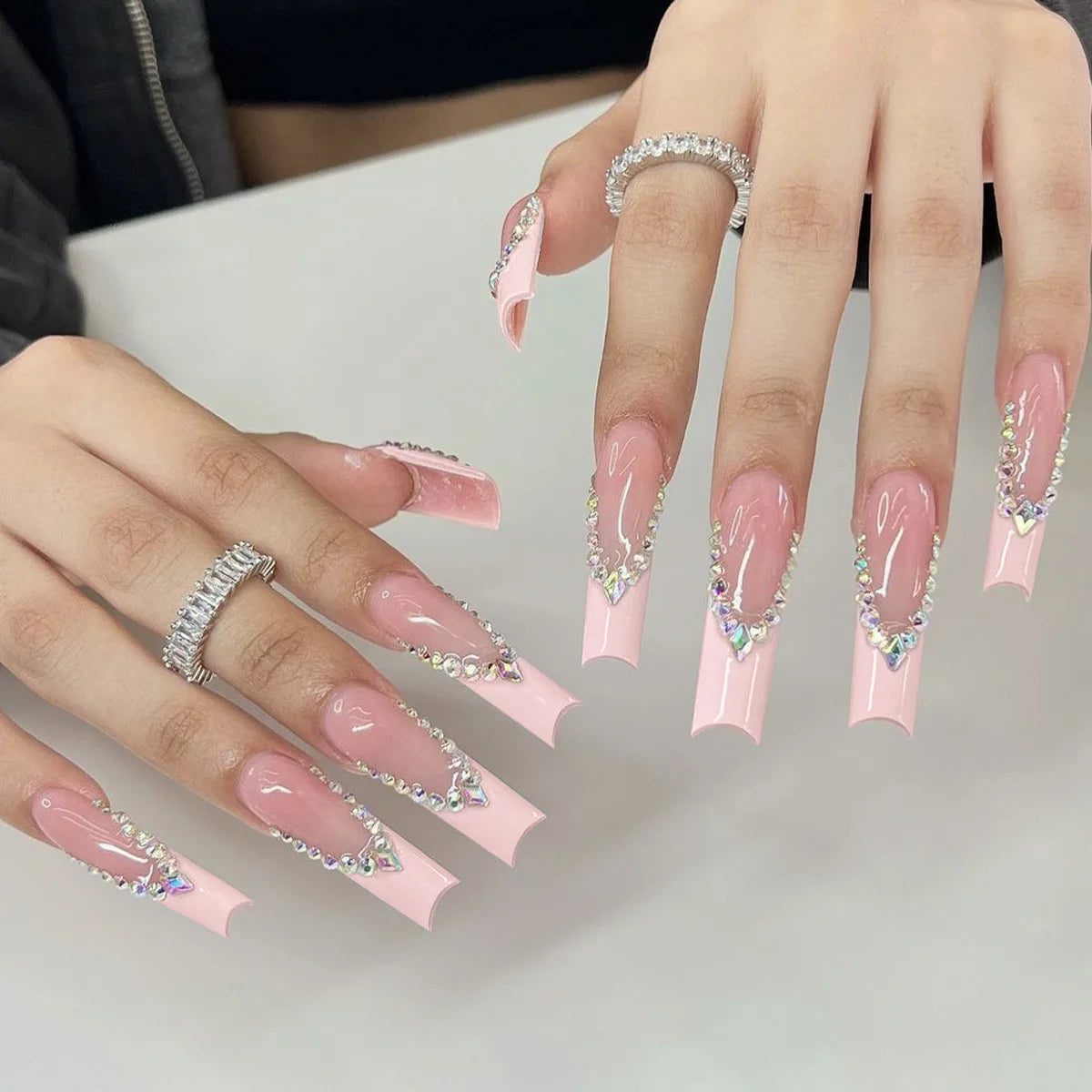 Pink French Tip Rhinestone Press-On Nails