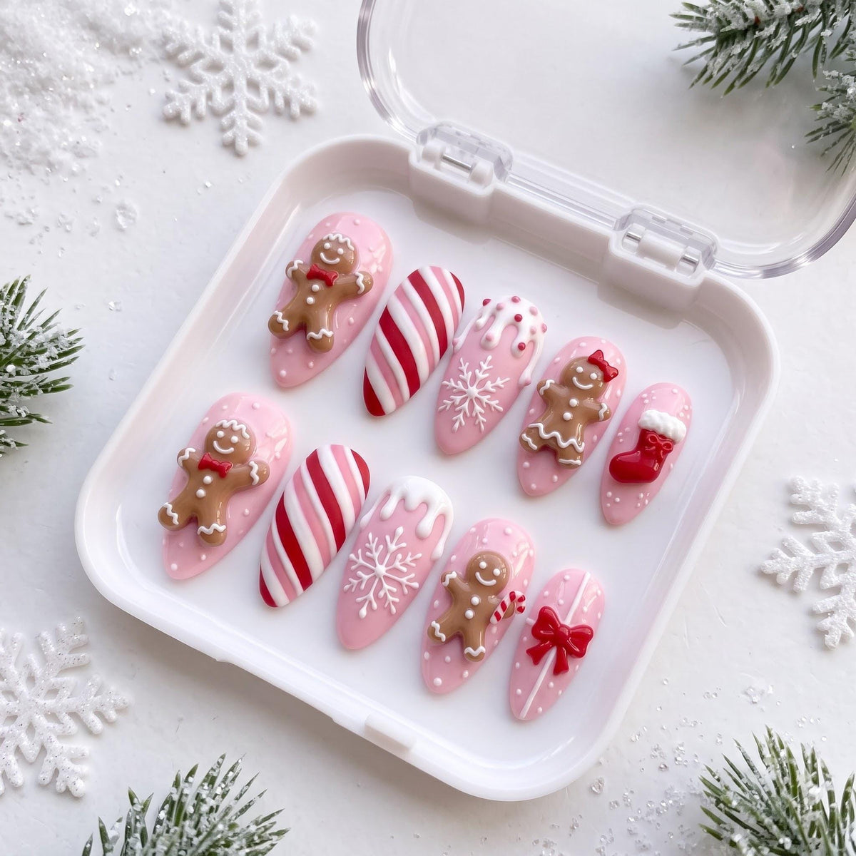 Pink Gingerbread Christmas Nails With Candy Cane Stripes, Snowflakes, Stockings and Bows