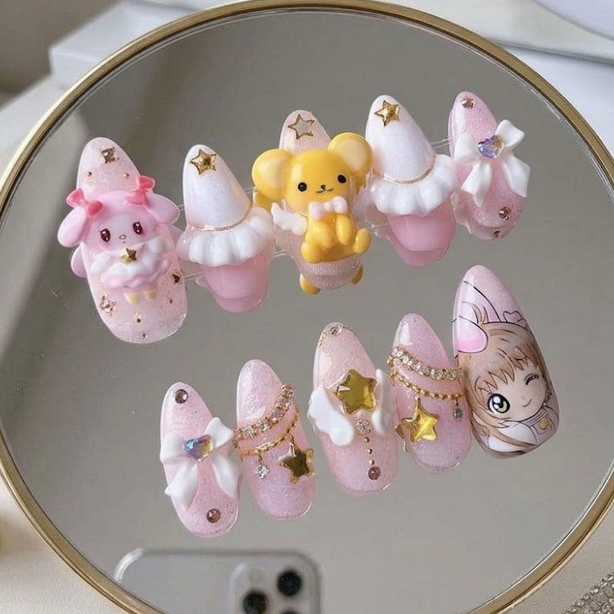 Pink Glitter 3D Bear and Bunny Press-On Nails with Bows and Stars