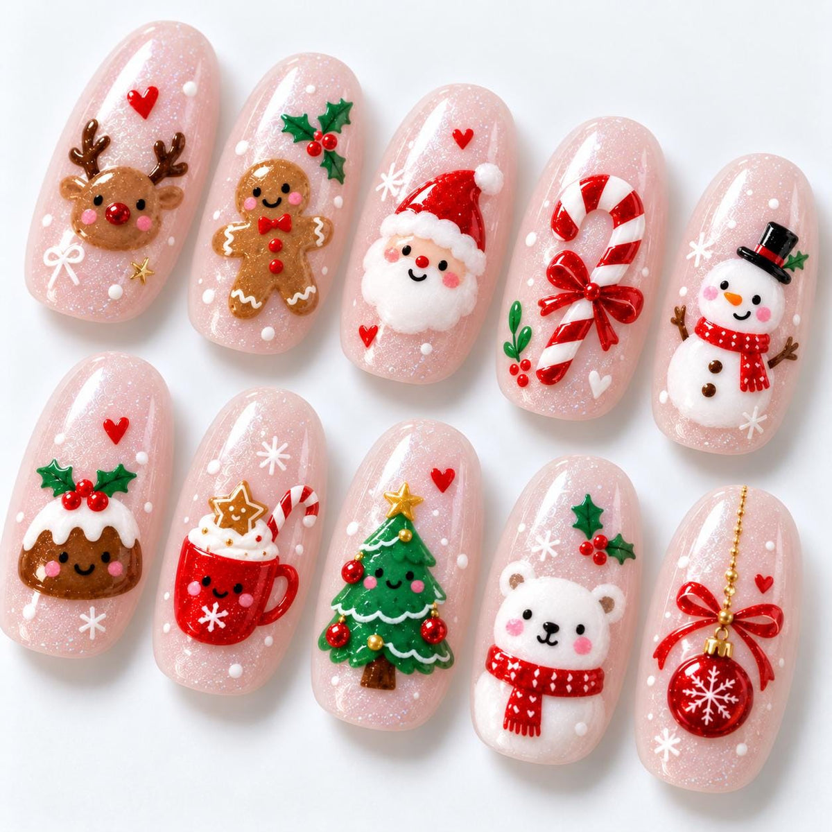 Pink Glitter Christmas Nails With Santa, Reindeer, Candy Cane & Holiday Characters
