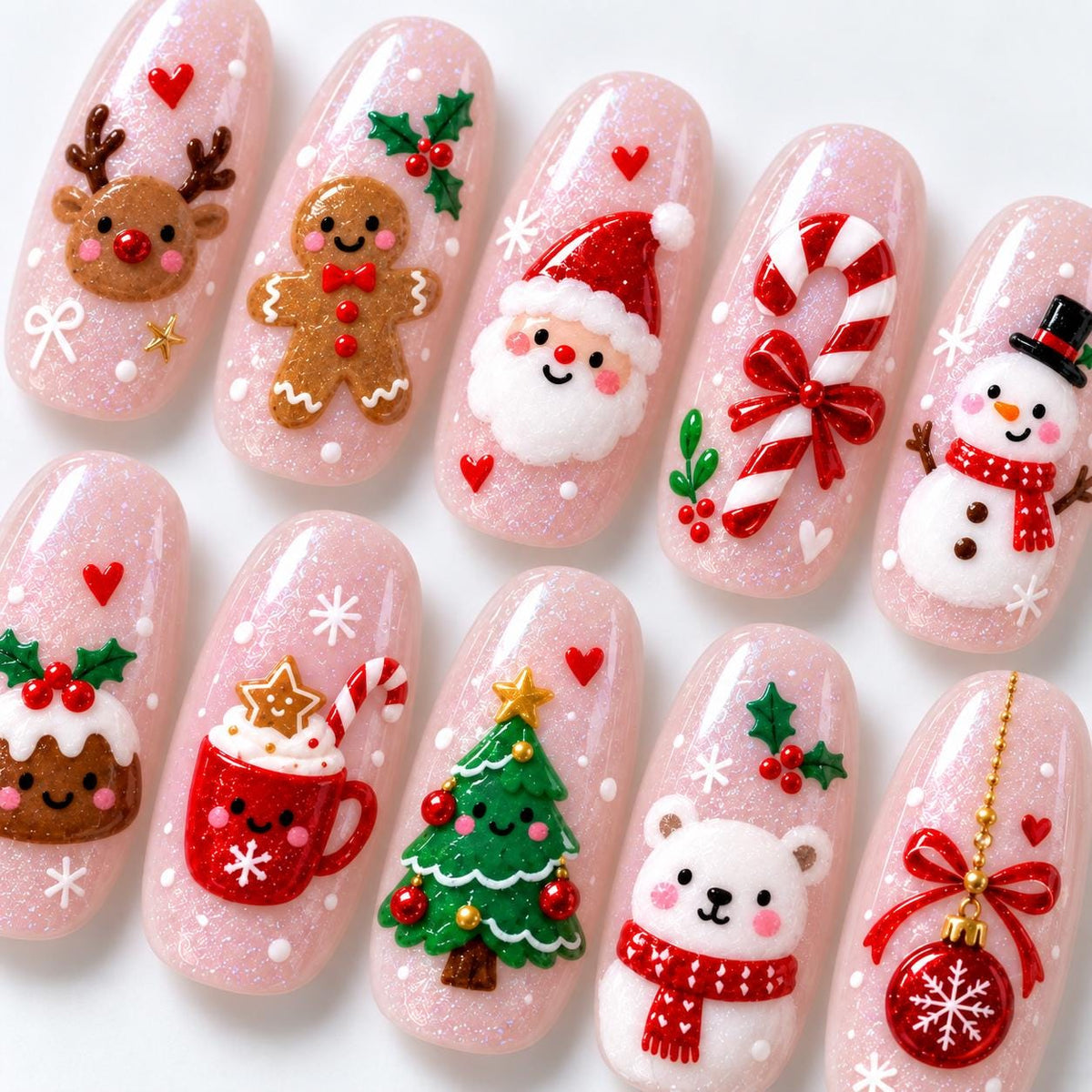 Pink Glitter Christmas Nails With Santa, Reindeer, Candy Cane & Holiday Characters