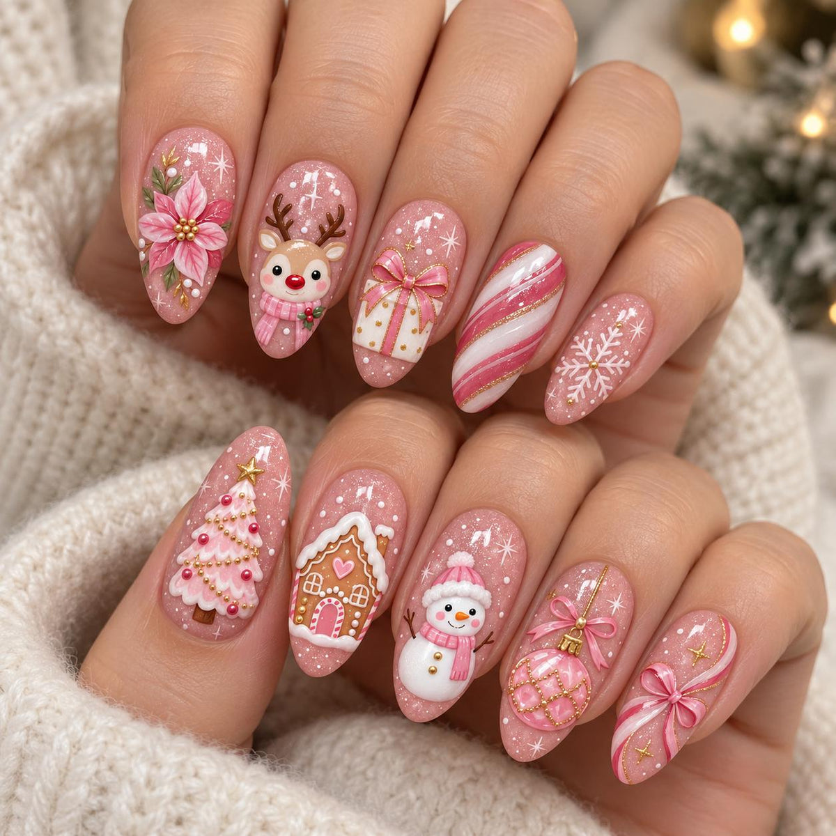 Pink Glitter Christmas Press On Nails with Snowflakes, Holiday Characters and 3D Accents