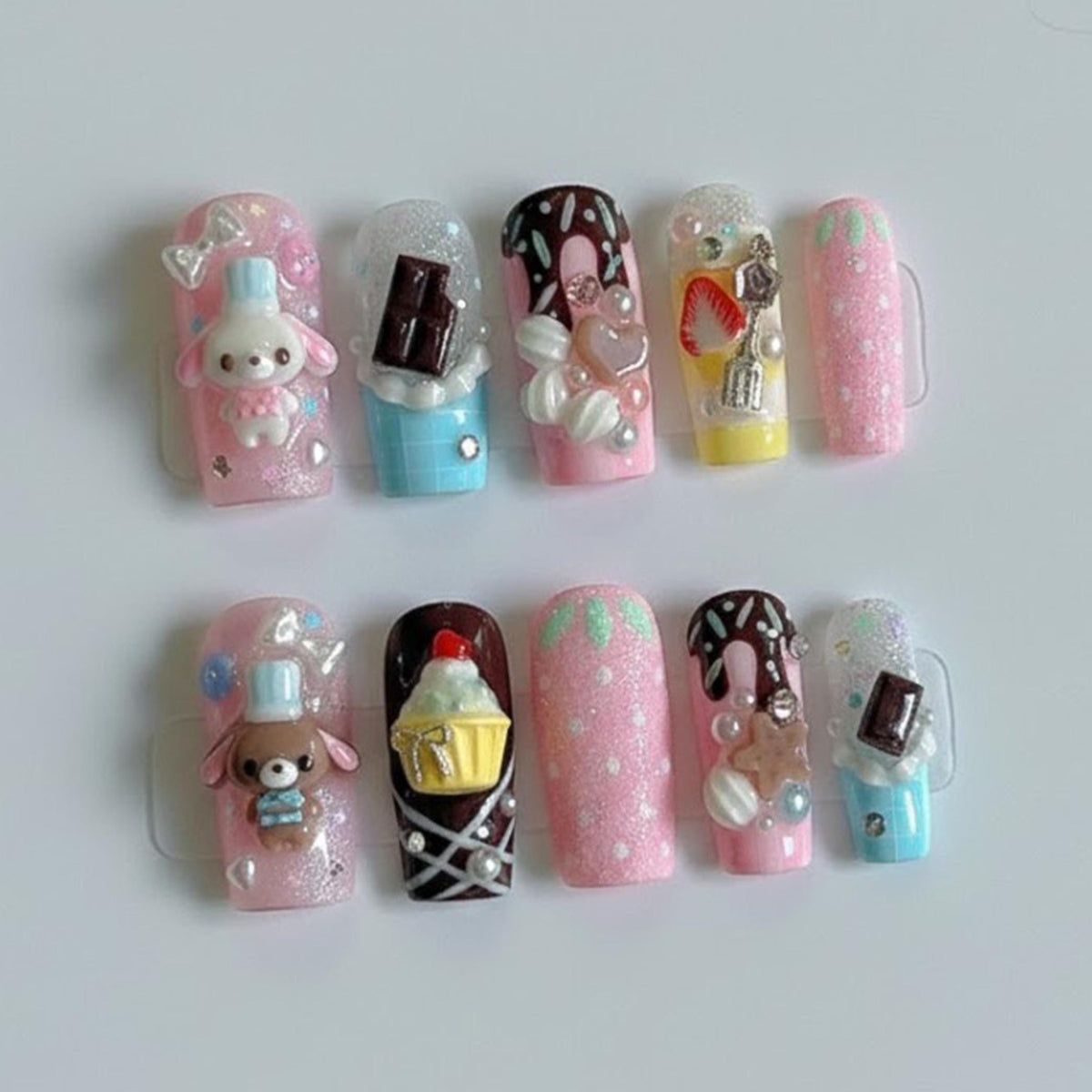 Pink Glitter Dessert Nails With 3D Bears, Cupcakes, and Chocolate