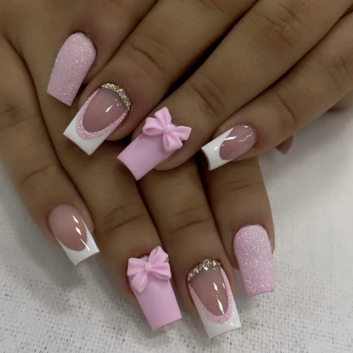 Pink Glitter French Tip Nail Set With Raised Bows