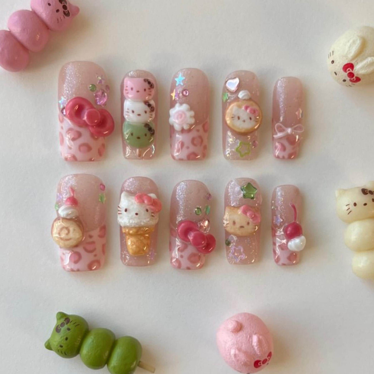Pink Glitter Kitty Dessert Press On Nails With 3D Dango, Bows & Rhinestones