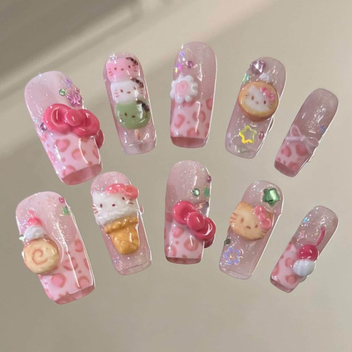 Pink Glitter Kitty Dessert Press On Nails With 3D Dango, Bows & Rhinestones